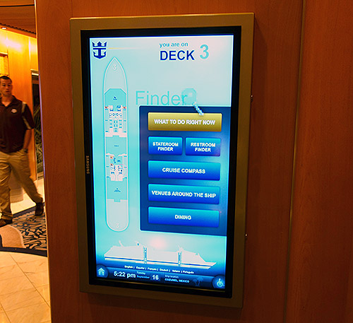 Navigating the ship was very simple thanks to the touch panel screens by the elevators on Royal Caribbean's Navigator of the Seas on our Caribbean Cruise vacation